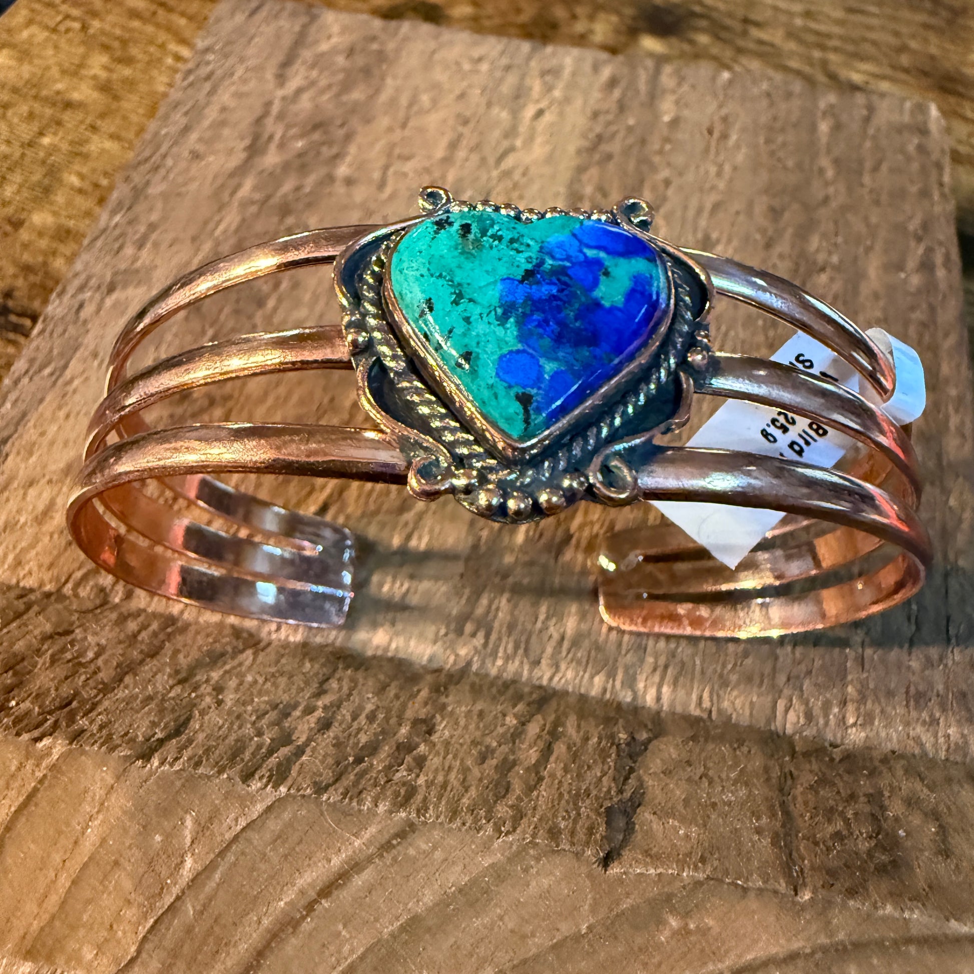 Bluebird Azurite Heart Gemstone Wide Cuff Bangle in Genuine Copper Wild West Boho