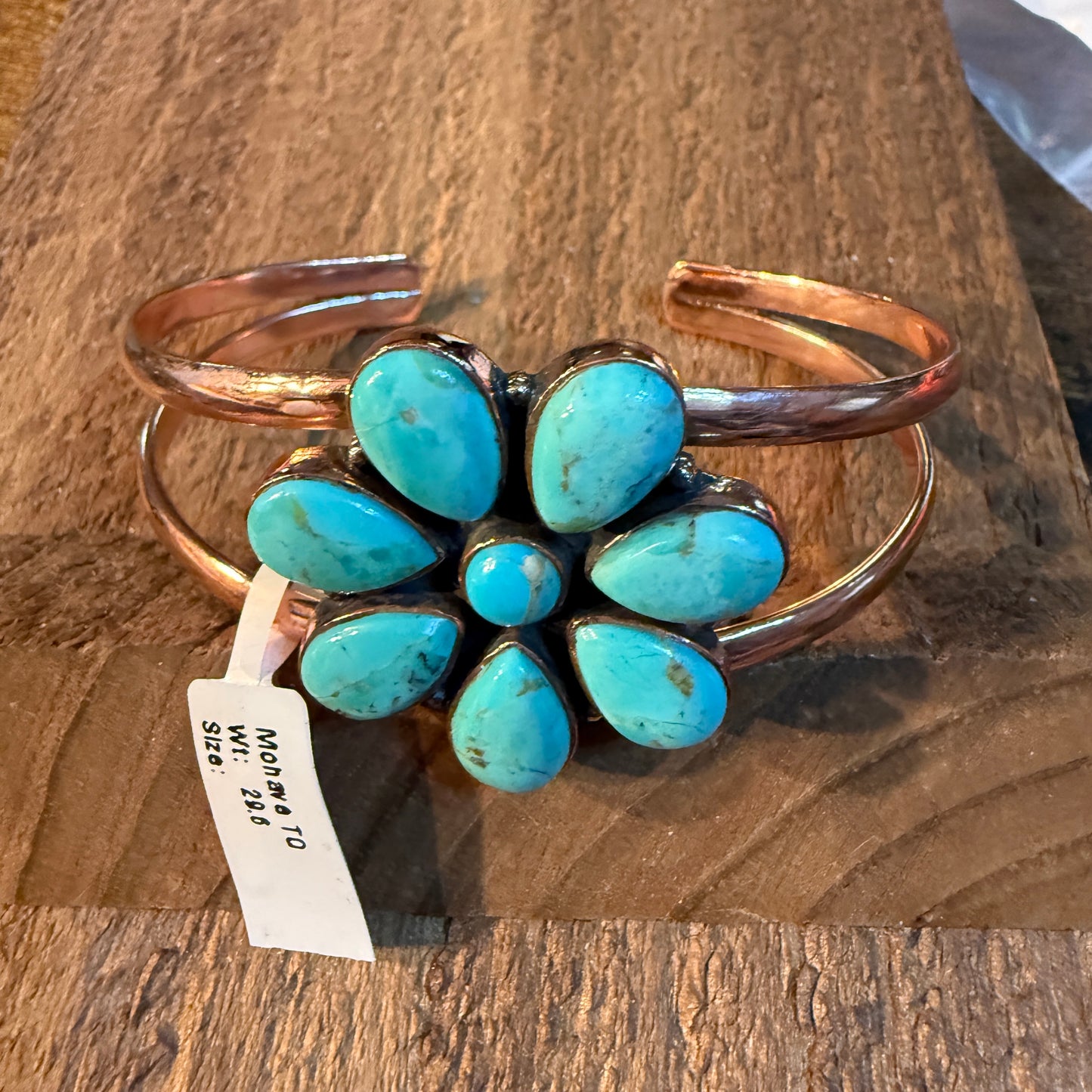 Mohave Turquoise Gemstone Flower Wide Cuff Bangle in Genuine Copper Wild West Boho