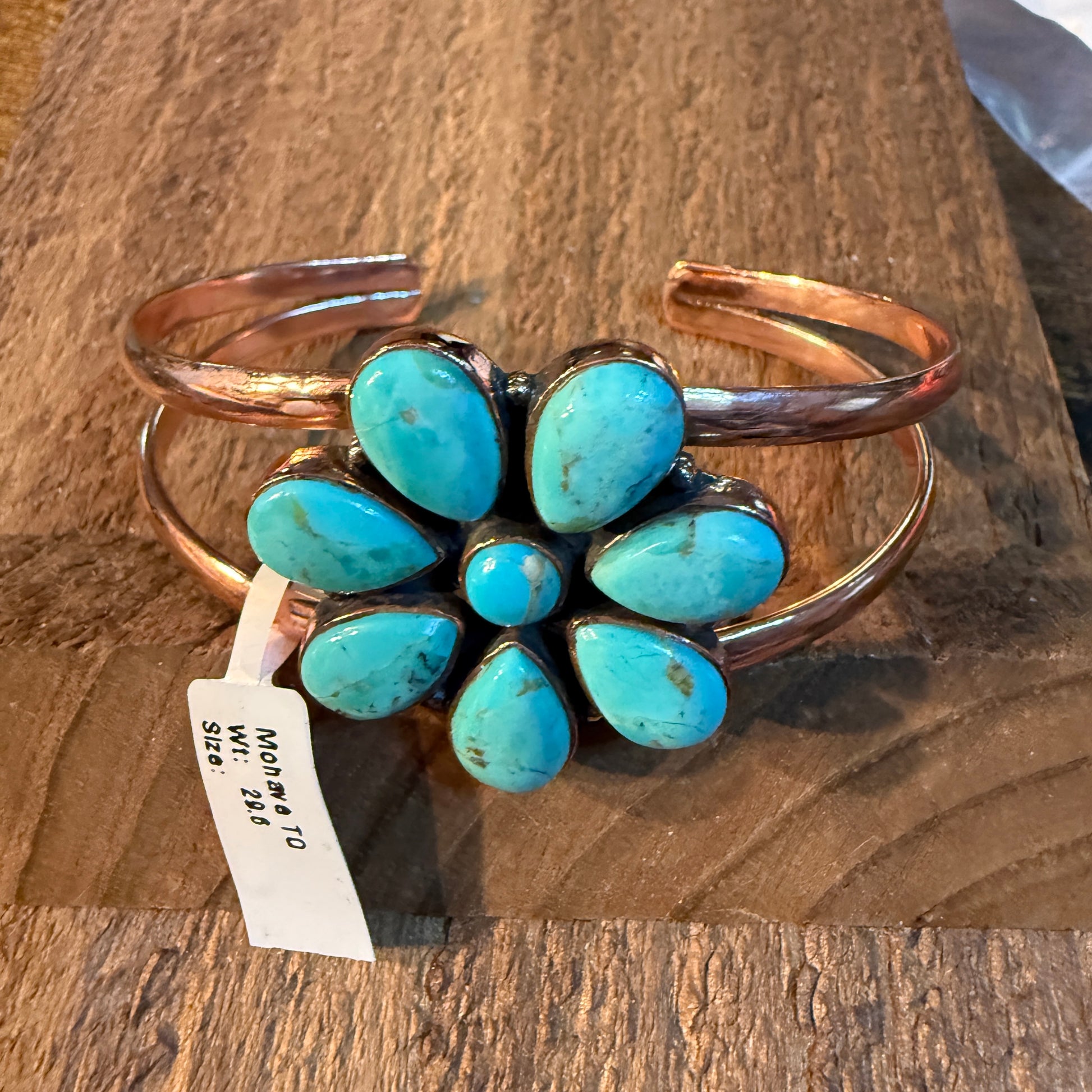 Mohave Turquoise Gemstone Flower Wide Cuff Bangle in Genuine Copper Wild West Boho