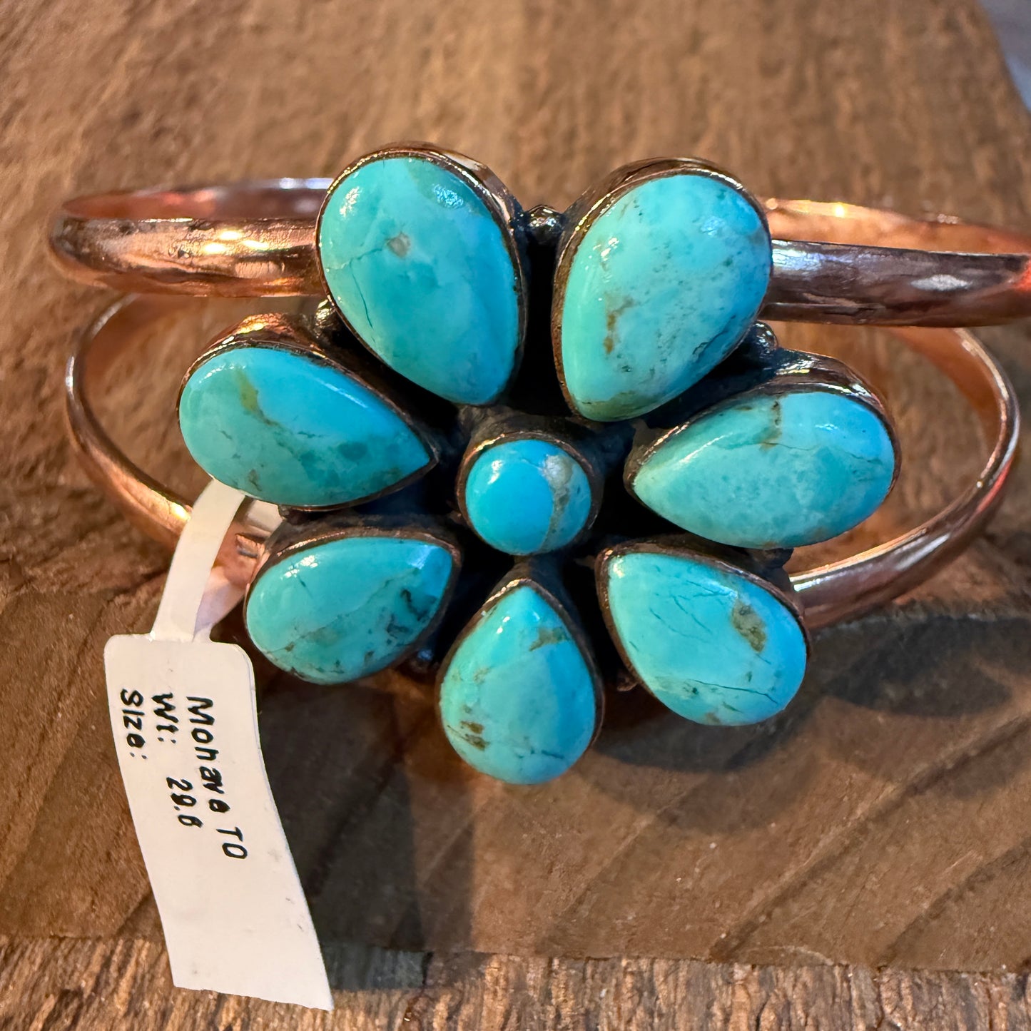 Mohave Turquoise Gemstone Flower Wide Cuff Bangle in Genuine Copper Wild West Boho