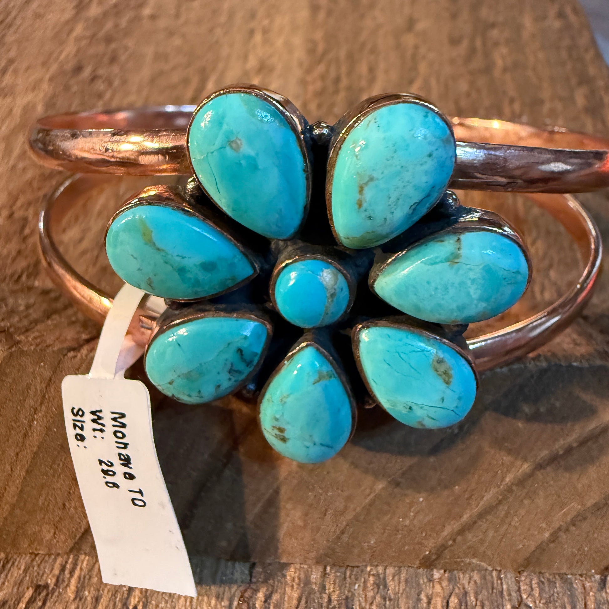 Mohave Turquoise Gemstone Flower Wide Cuff Bangle in Genuine Copper Wild West Boho