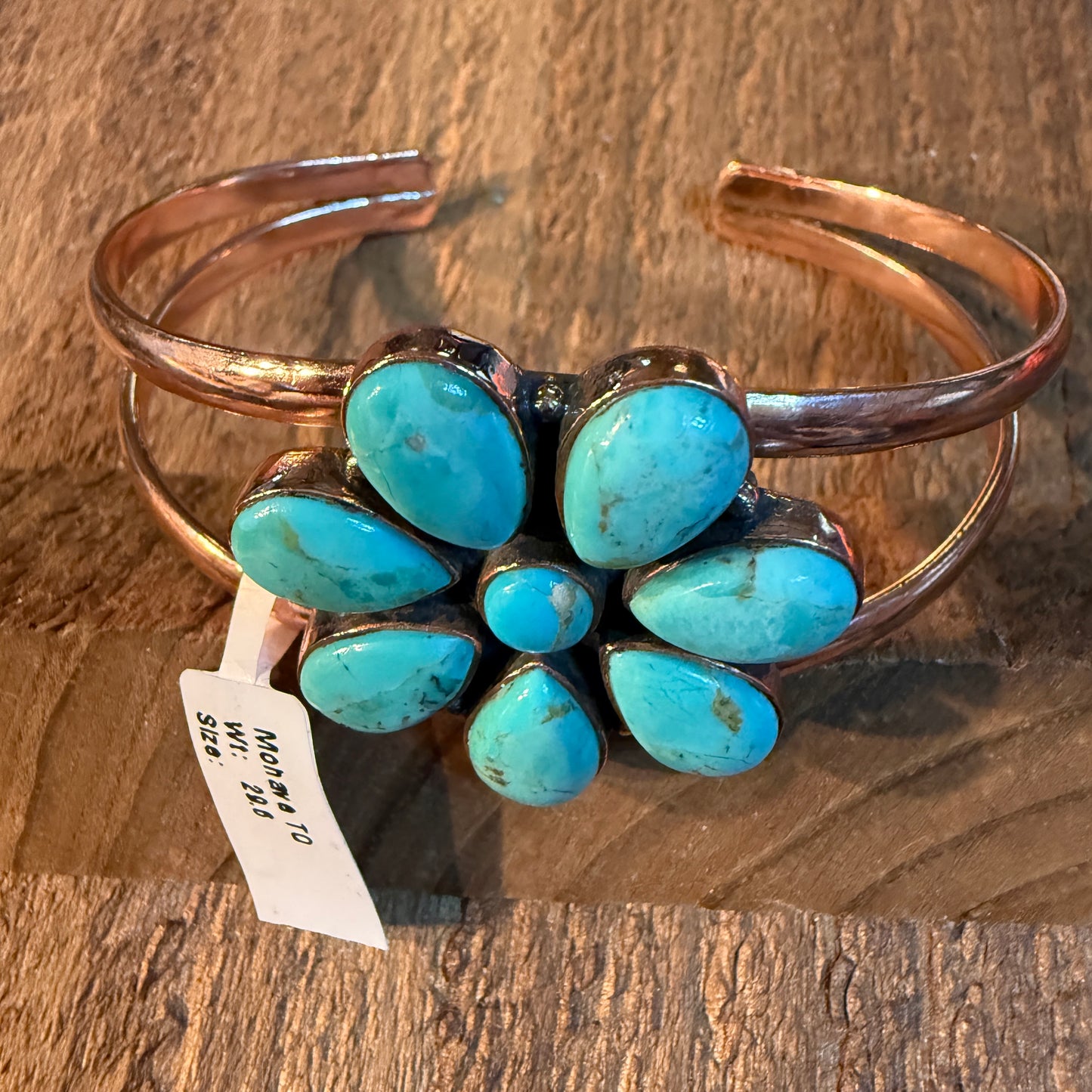 Mohave Turquoise Gemstone Flower Wide Cuff Bangle in Genuine Copper Wild West Boho