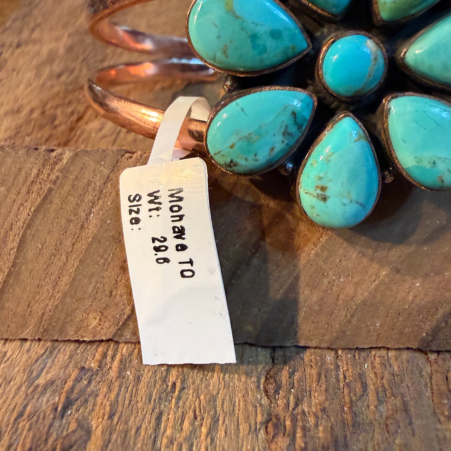 Mohave Turquoise Gemstone Flower Wide Cuff Bangle in Genuine Copper Wild West Boho