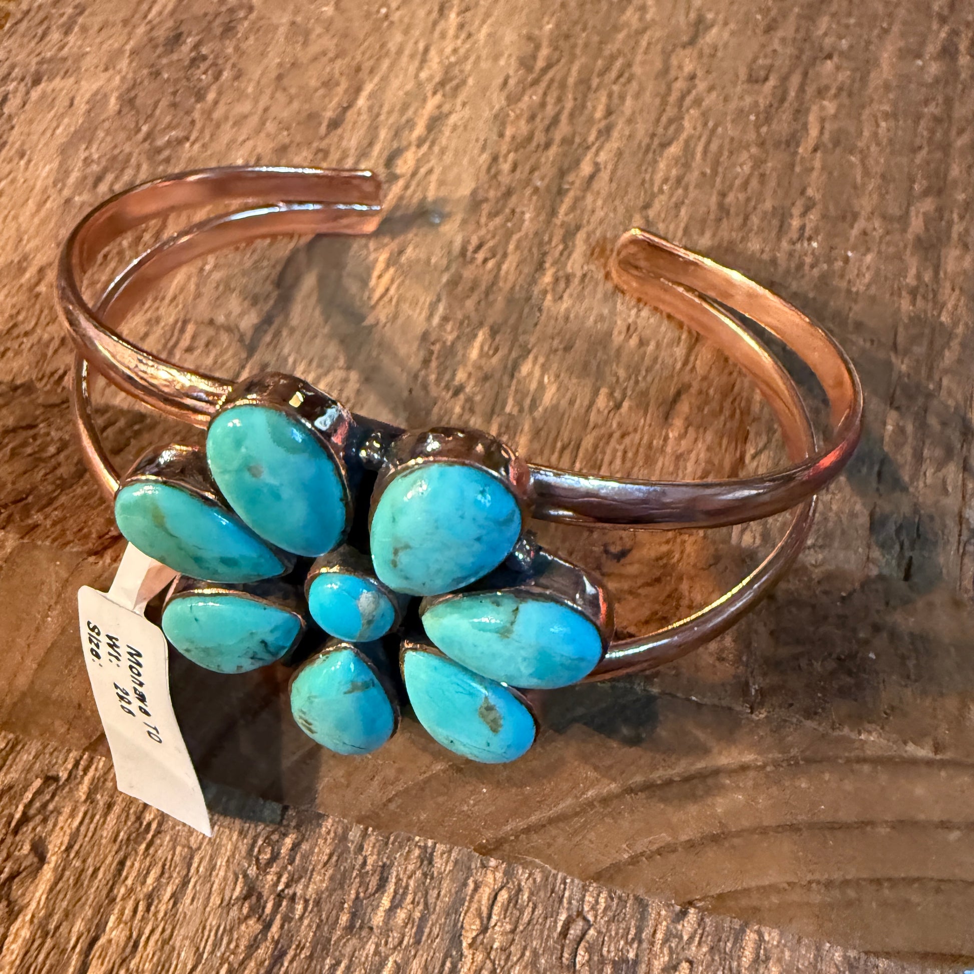 Mohave Turquoise Gemstone Flower Wide Cuff Bangle in Genuine Copper Wild West Boho