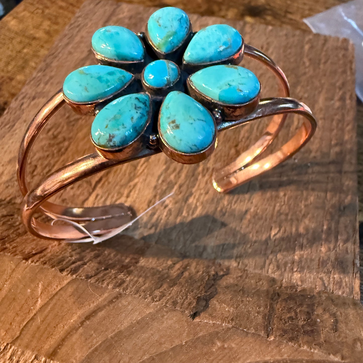 Mohave Turquoise Gemstone Flower Wide Cuff Bangle in Genuine Copper Wild West Boho