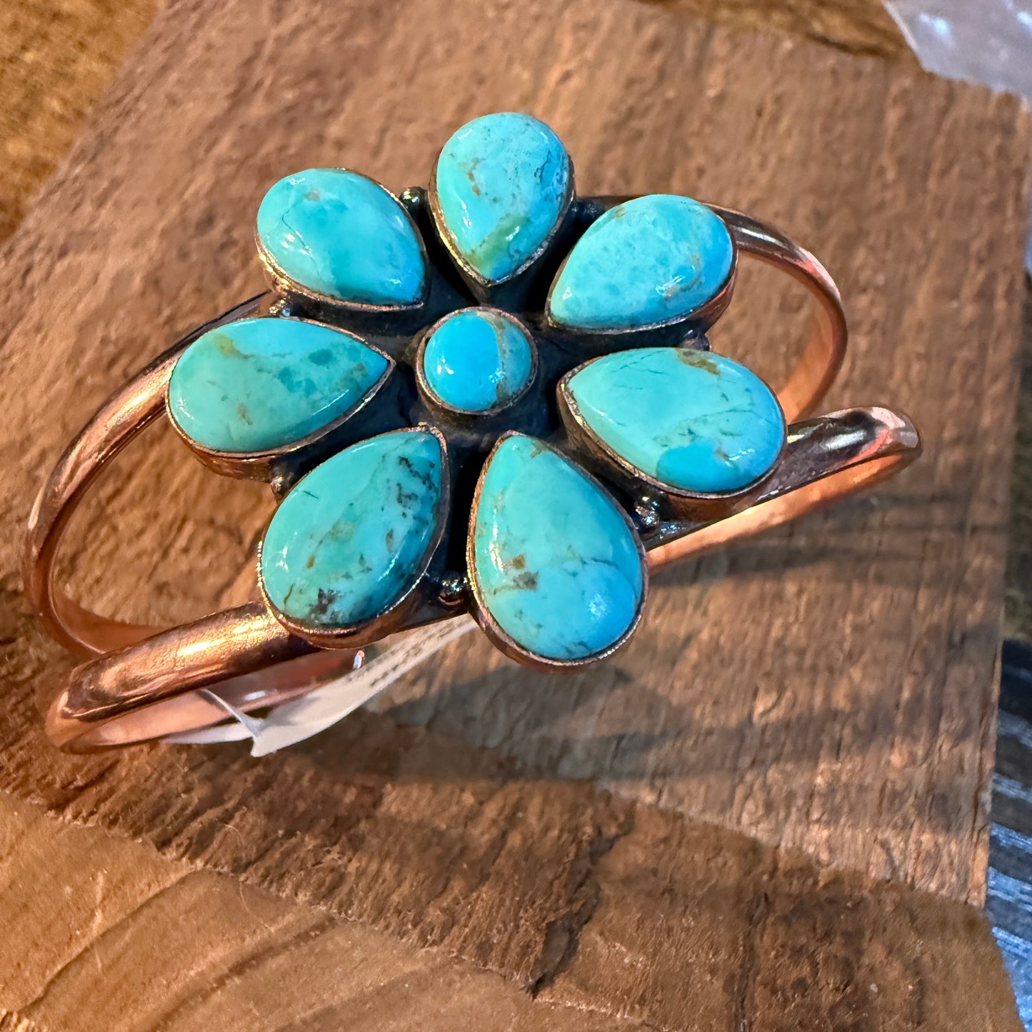 Mohave Turquoise Gemstone Flower Wide Cuff Bangle in Genuine Copper Wild West Boho