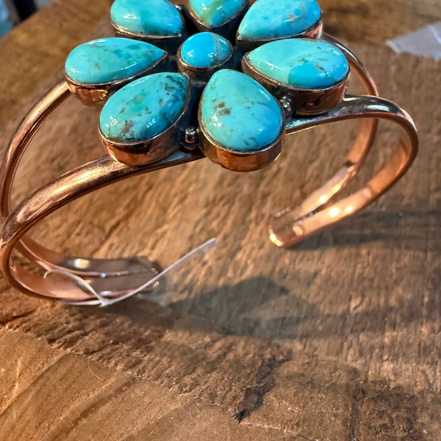 Mohave Turquoise Gemstone Flower Wide Cuff Bangle in Genuine Copper Wild West Boho