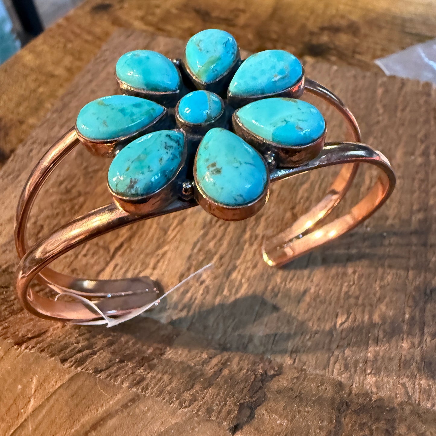 Mohave Turquoise Gemstone Flower Wide Cuff Bangle in Genuine Copper Wild West Boho
