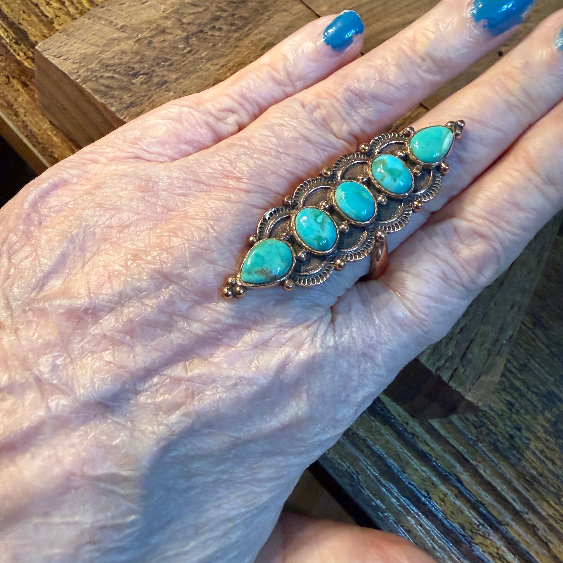 Mohave Turquoise Gemstone 2 Inch Statement Ring in Genuine Copper Wild West Boho