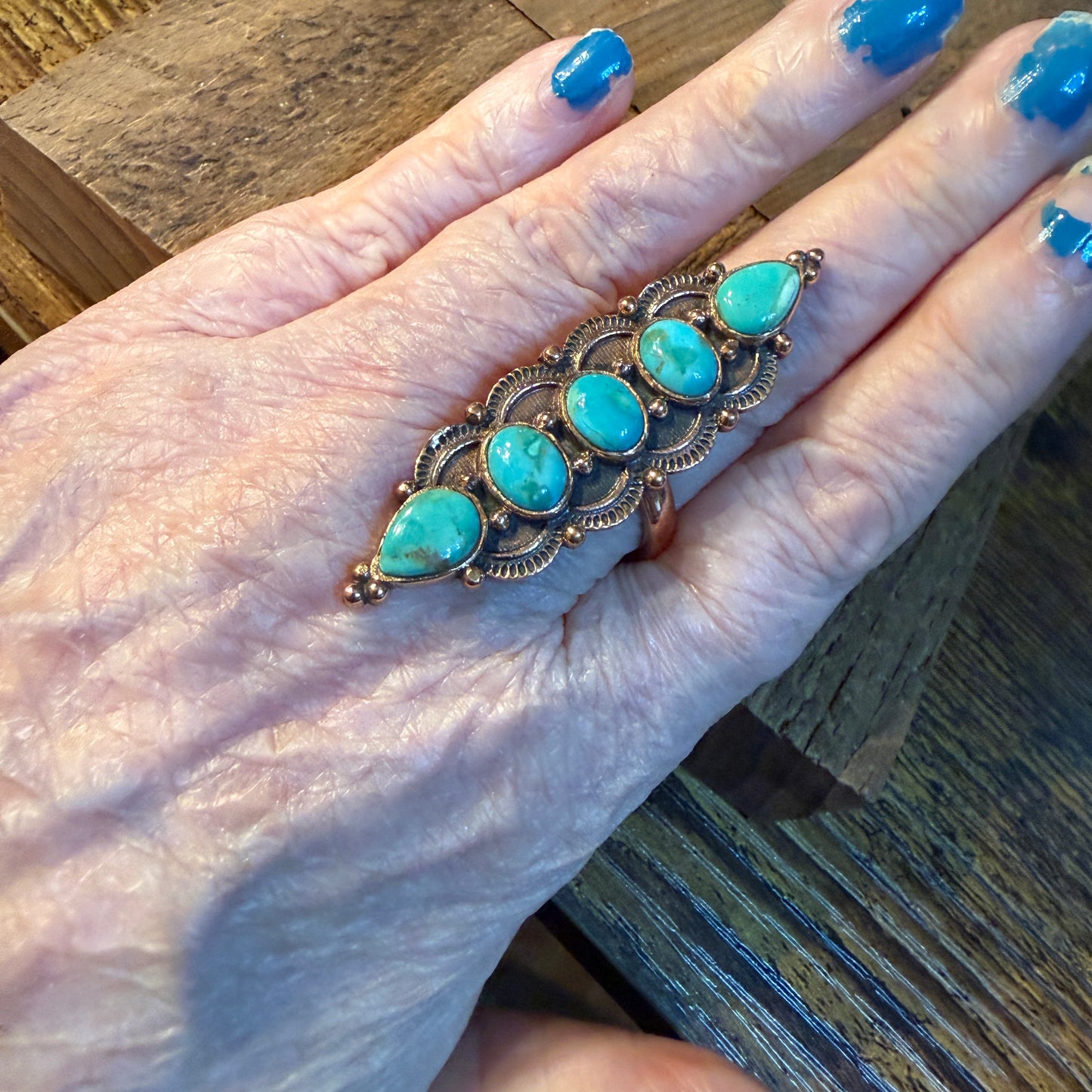 Mohave Turquoise Gemstone 2 Inch Statement Ring in Genuine Copper Wild West Boho