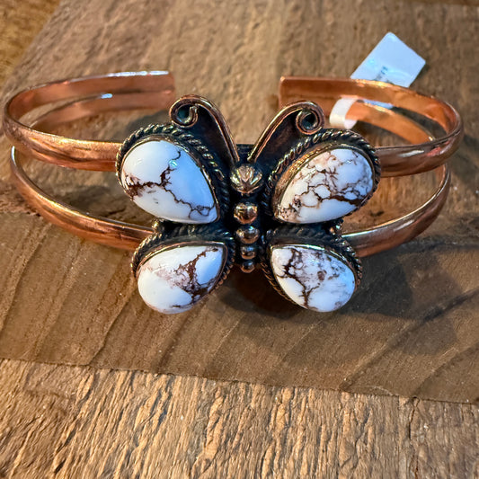 Wild Horse Butterfly Gemstone Wide Cuff Bangle in Genuine Copper Wild West Boho