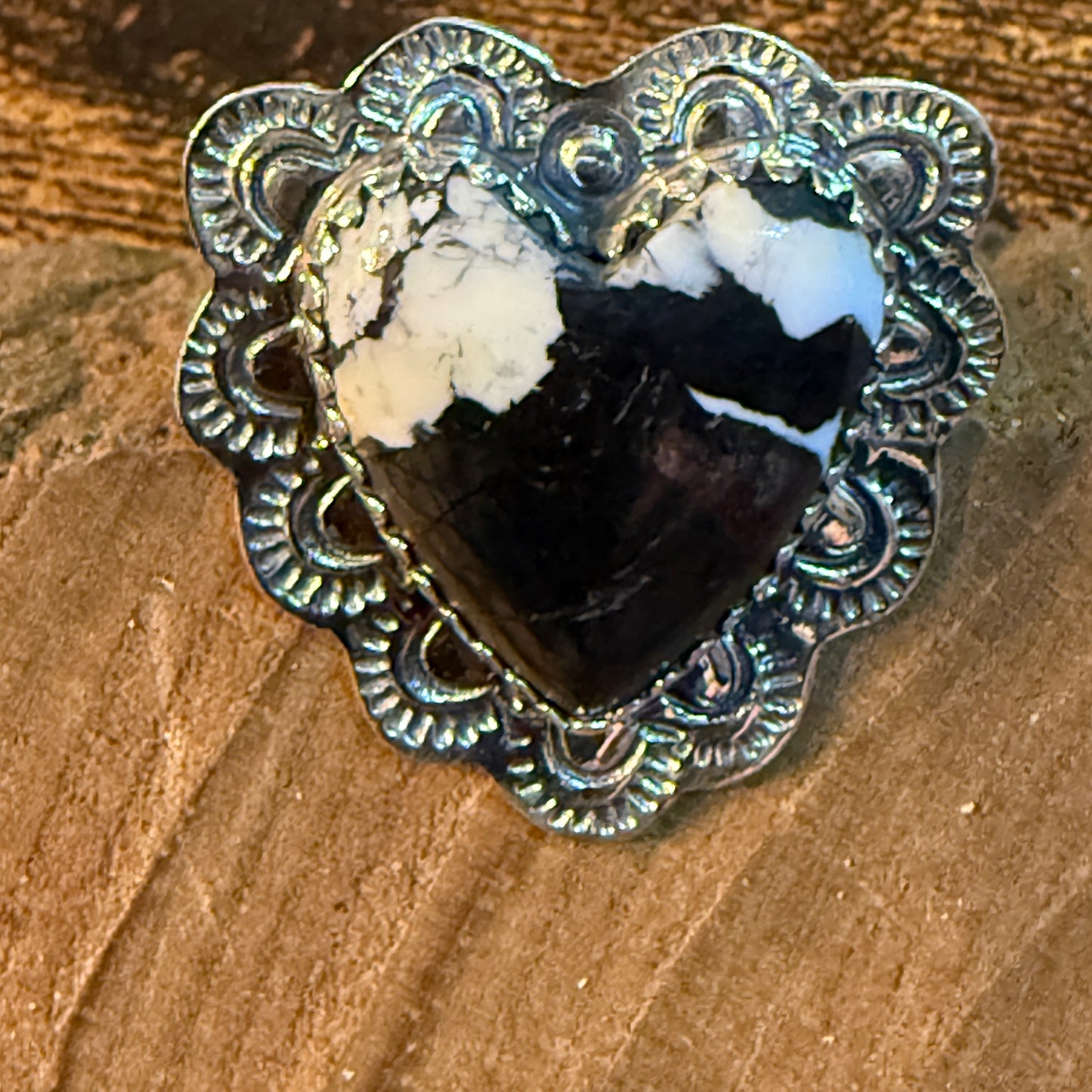 White Buffalo Turquoise Gemstone Adjustable Heart Ring in Sterling Silver Wild West Boho