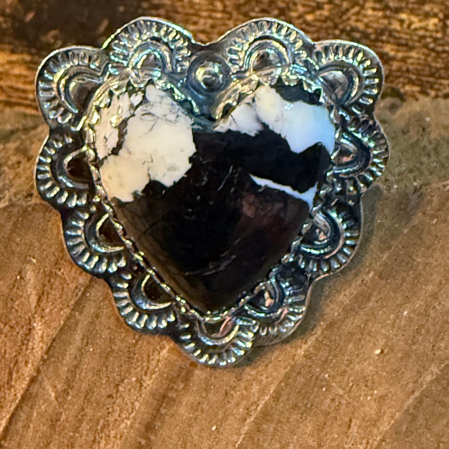 White Buffalo Turquoise Gemstone Adjustable Heart Ring in Sterling Silver Wild West Boho
