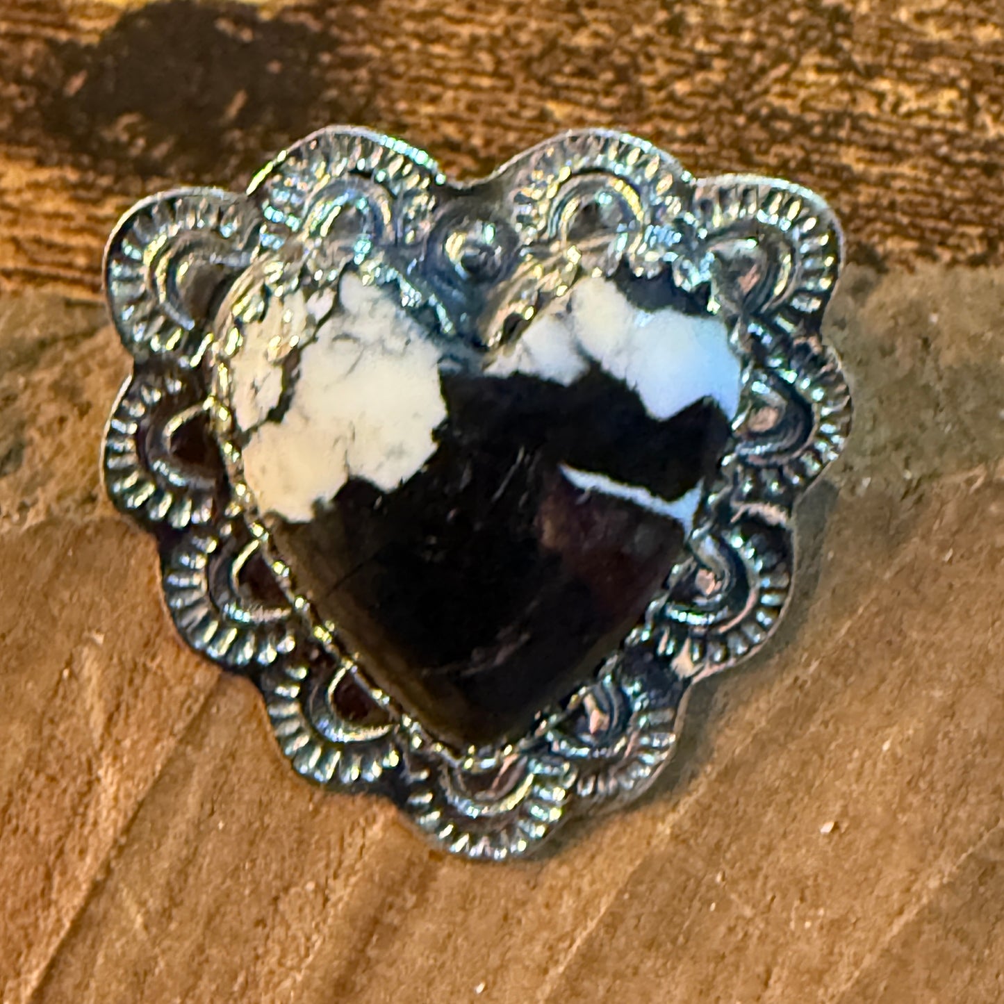 White Buffalo Turquoise Gemstone Adjustable Heart Ring in Sterling Silver Wild West Boho