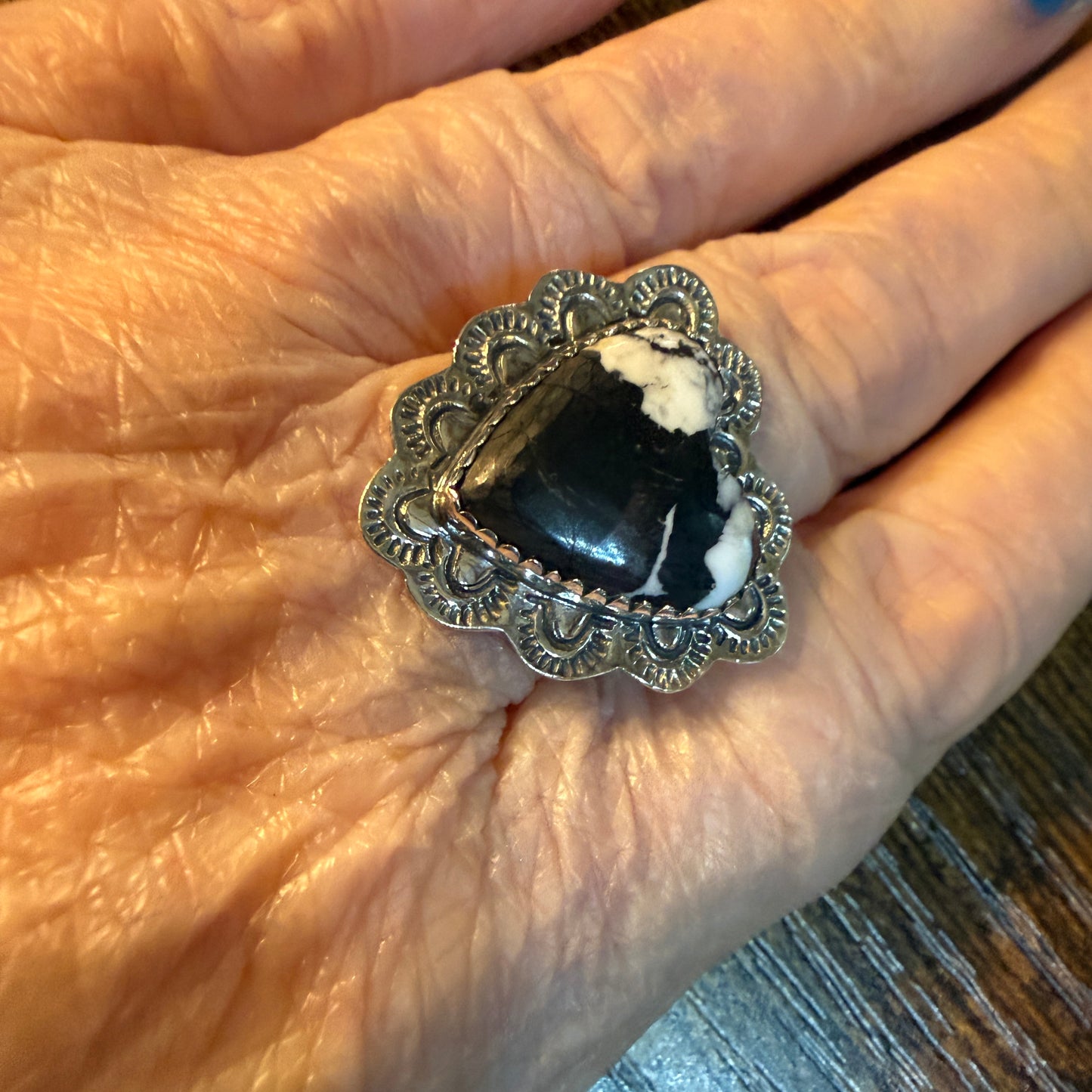 White Buffalo Turquoise Gemstone Adjustable Heart Ring in Sterling Silver Wild West Boho
