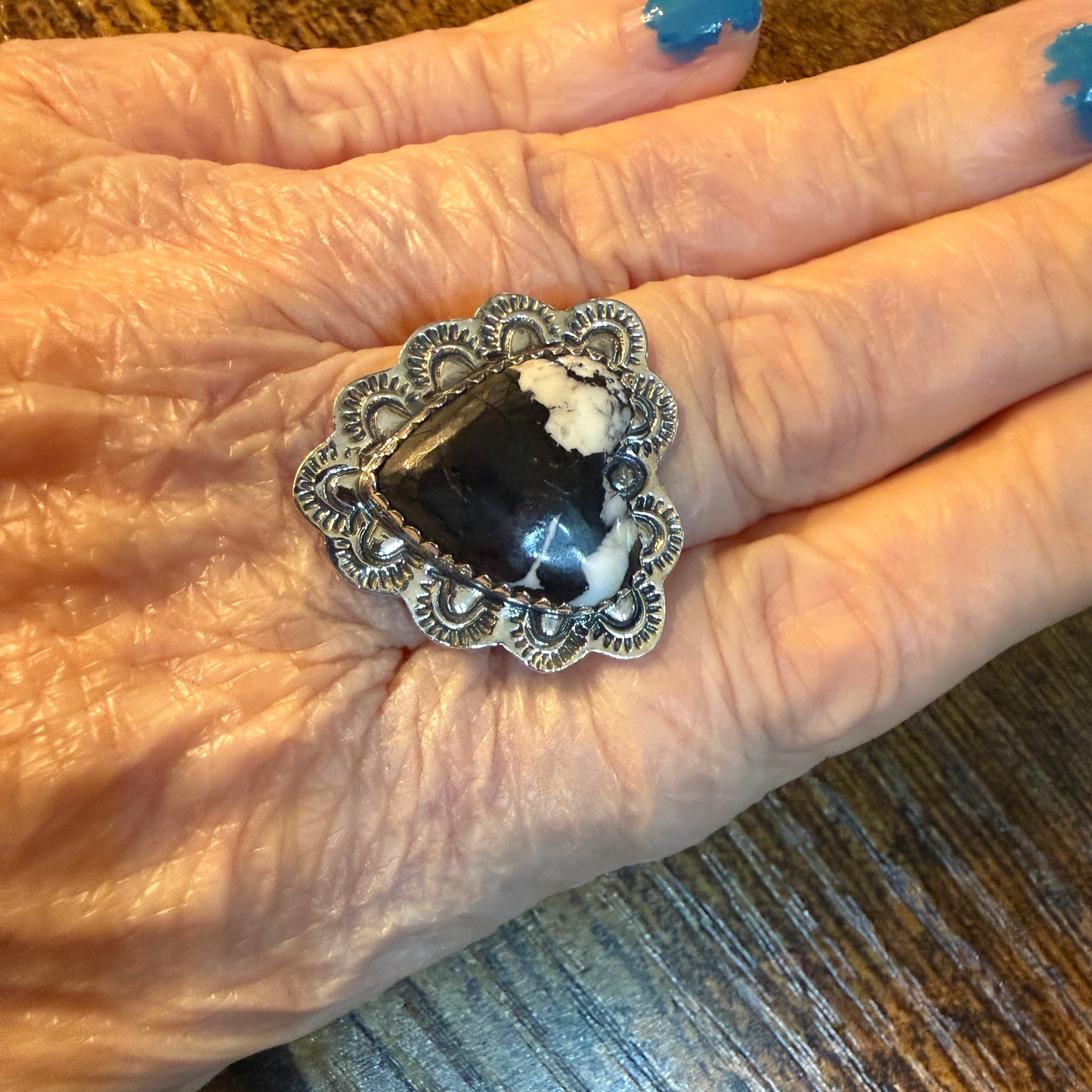 White Buffalo Turquoise Gemstone Adjustable Heart Ring in Sterling Silver Wild West Boho