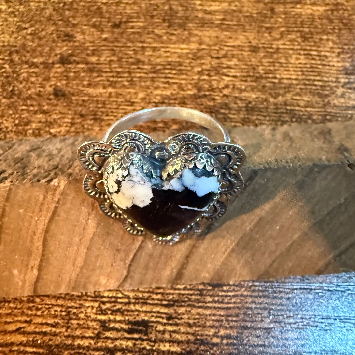 White Buffalo Turquoise Gemstone Adjustable Heart Ring in Sterling Silver Wild West Boho