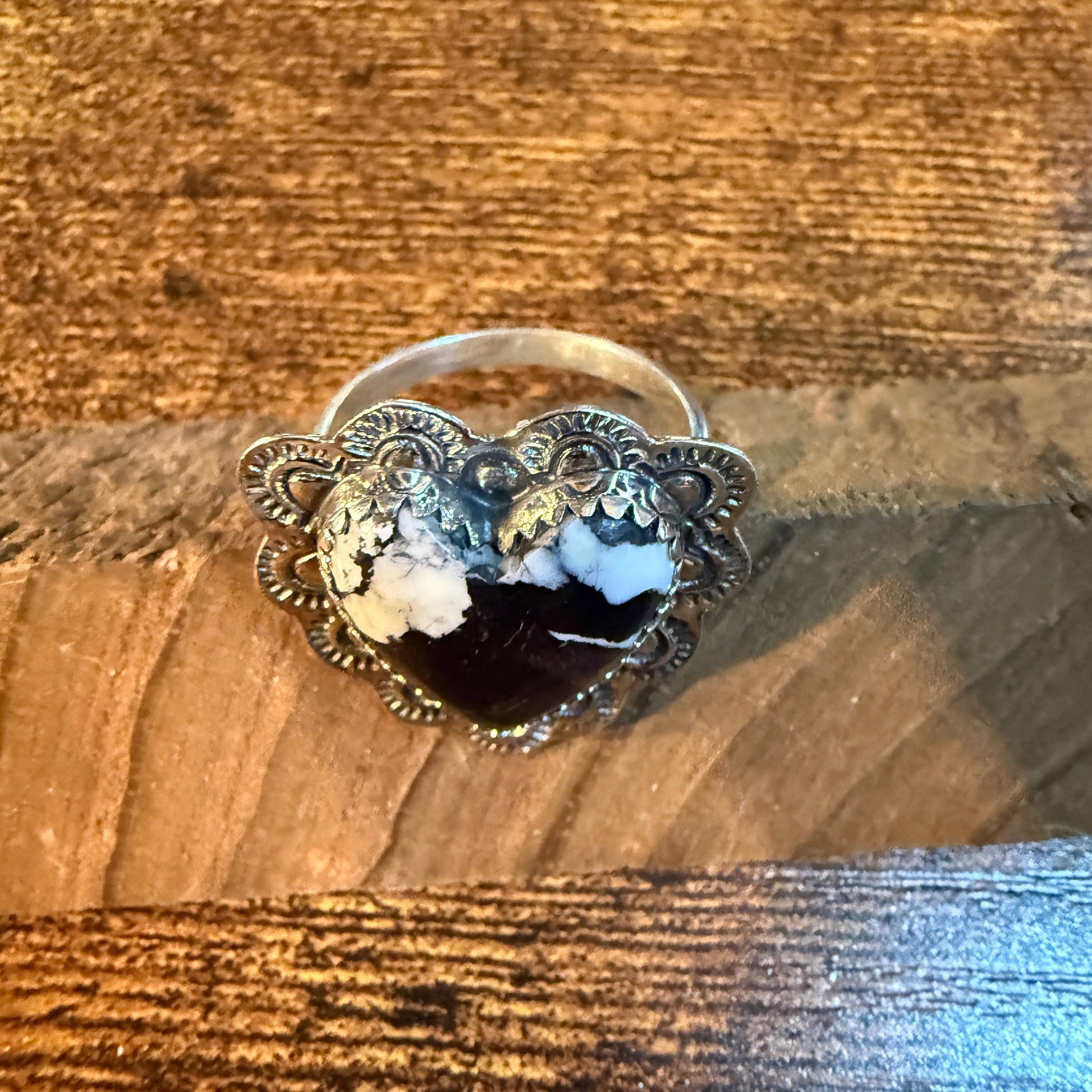White Buffalo Turquoise Gemstone Adjustable Heart Ring in Sterling Silver Wild West Boho