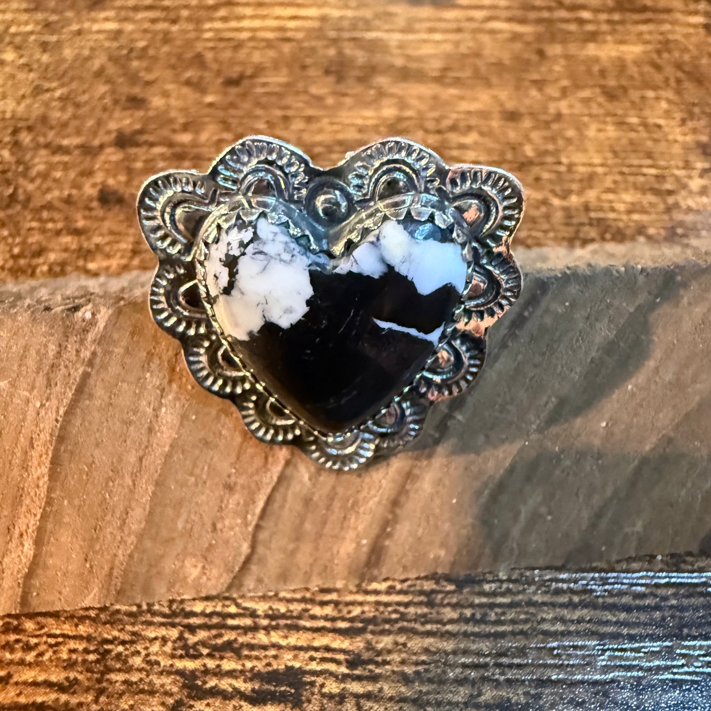White Buffalo Turquoise Gemstone Adjustable Heart Ring in Sterling Silver Wild West Boho