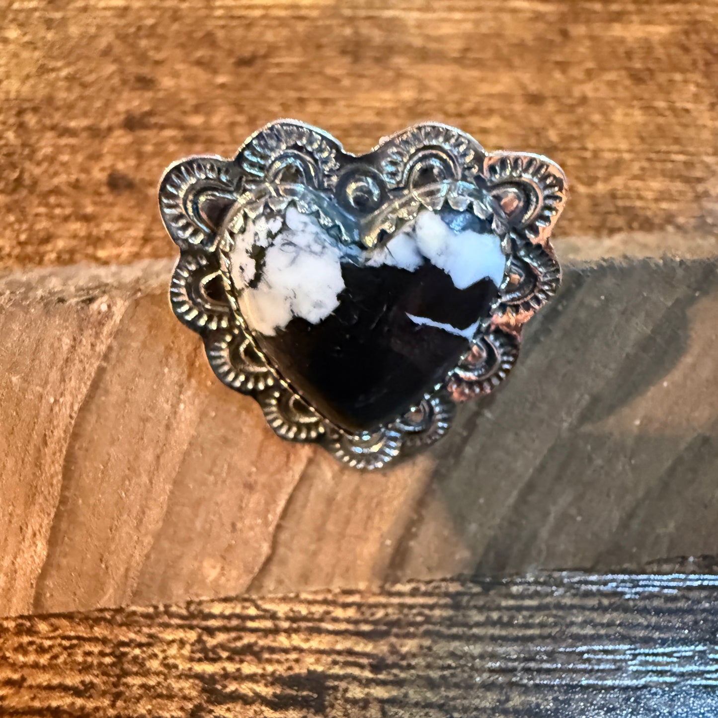 White Buffalo Turquoise Gemstone Adjustable Heart Ring in Sterling Silver Wild West Boho