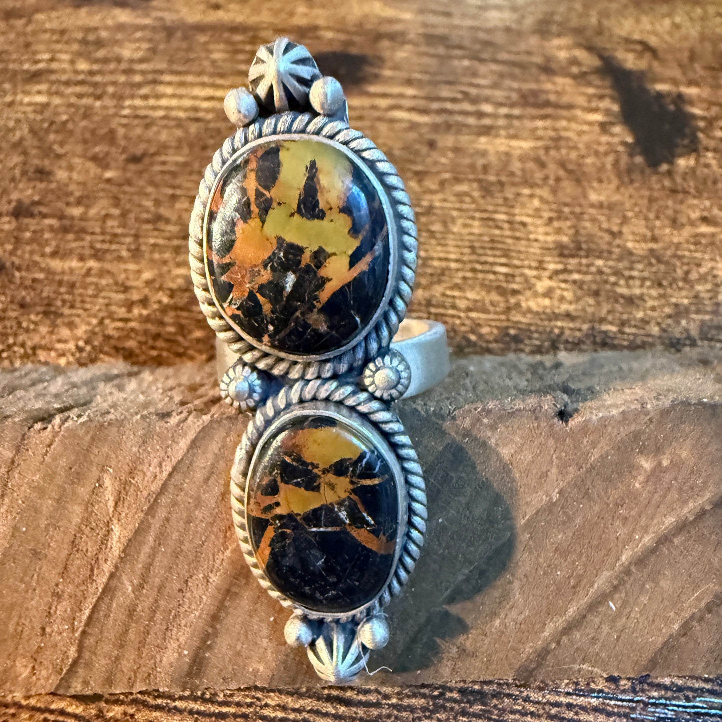 Blackjack Turquoise Gemstone Double Stone Statement Ring Adjustable in Sterling Silver Wild West Boho