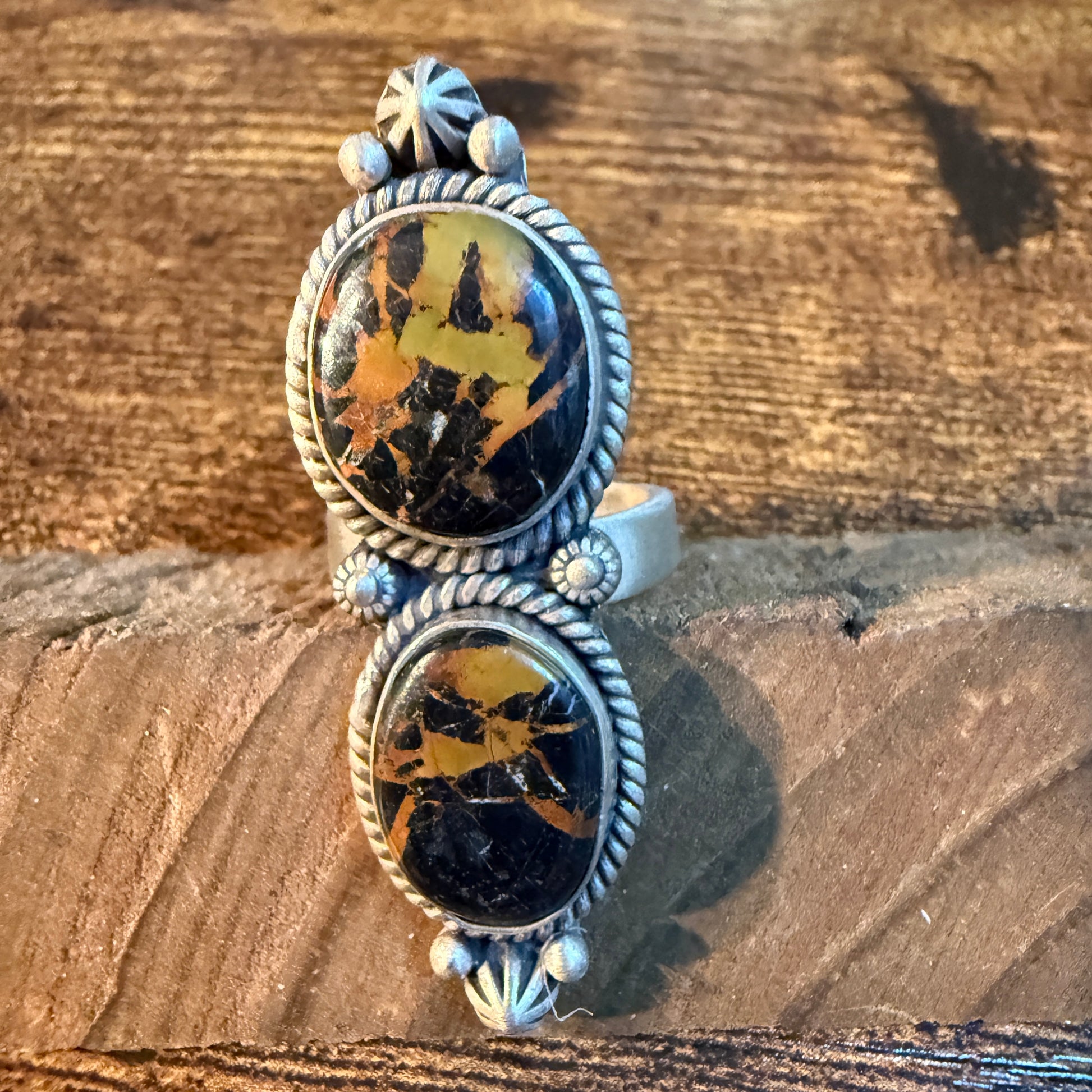 Blackjack Turquoise Gemstone Double Stone Statement Ring Adjustable in Sterling Silver Wild West Boho