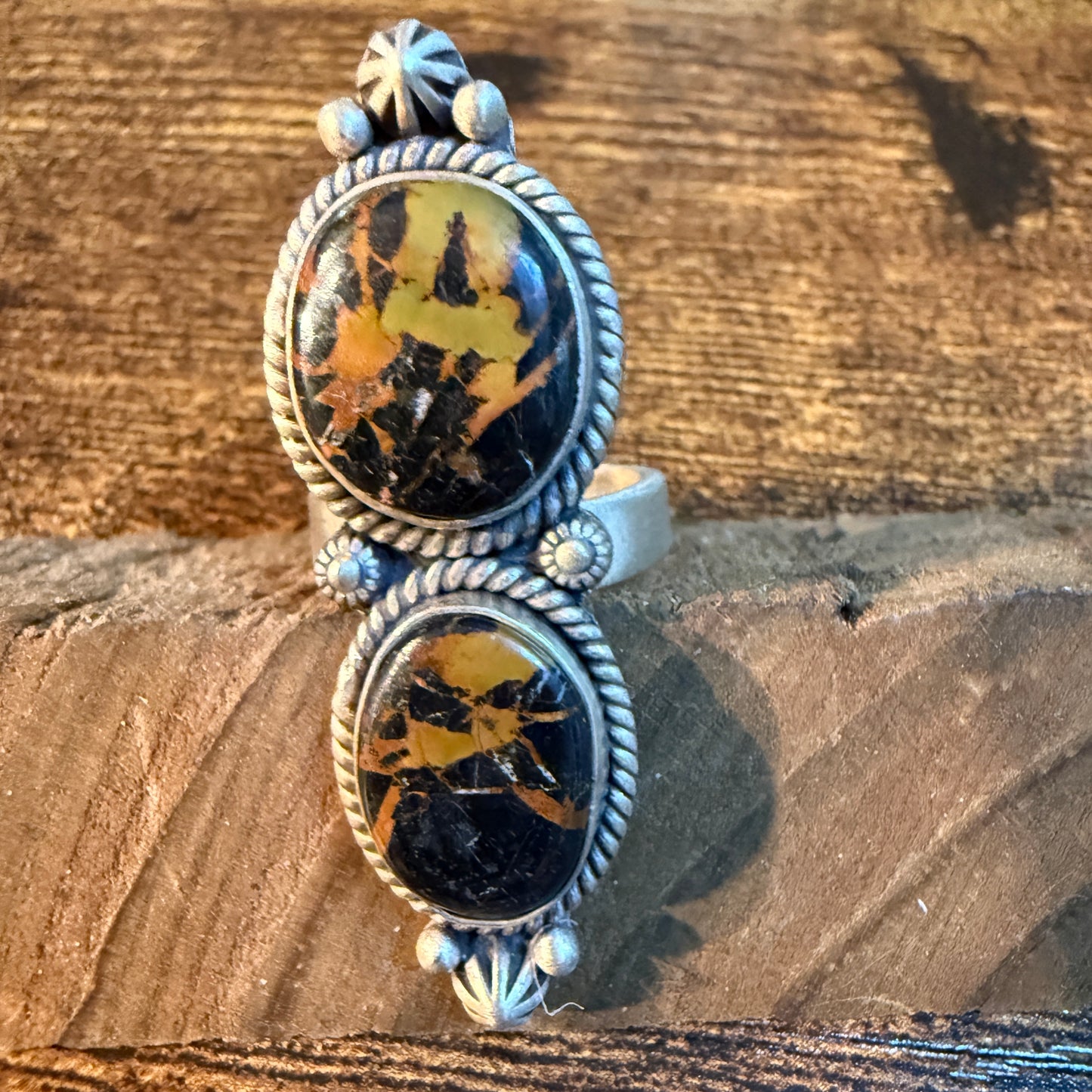 Blackjack Turquoise Gemstone Double Stone Statement Ring Adjustable in Sterling Silver Wild West Boho