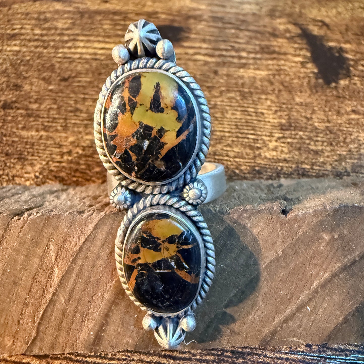 Blackjack Turquoise Gemstone Double Stone Statement Ring Adjustable in Sterling Silver Wild West Boho