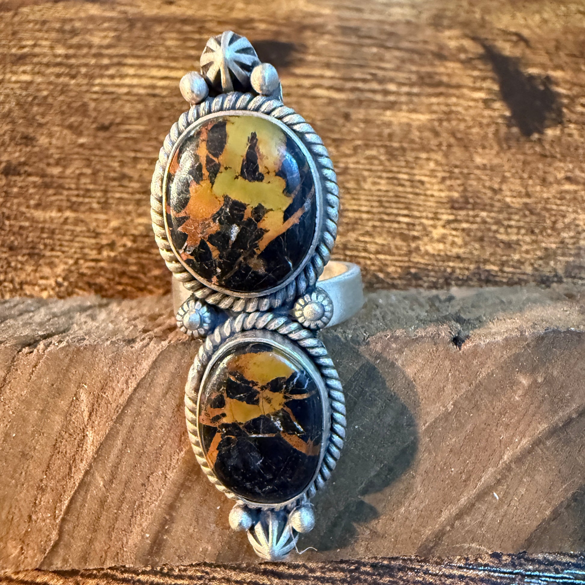 Blackjack Turquoise Gemstone Double Stone Statement Ring Adjustable in Sterling Silver Wild West Boho