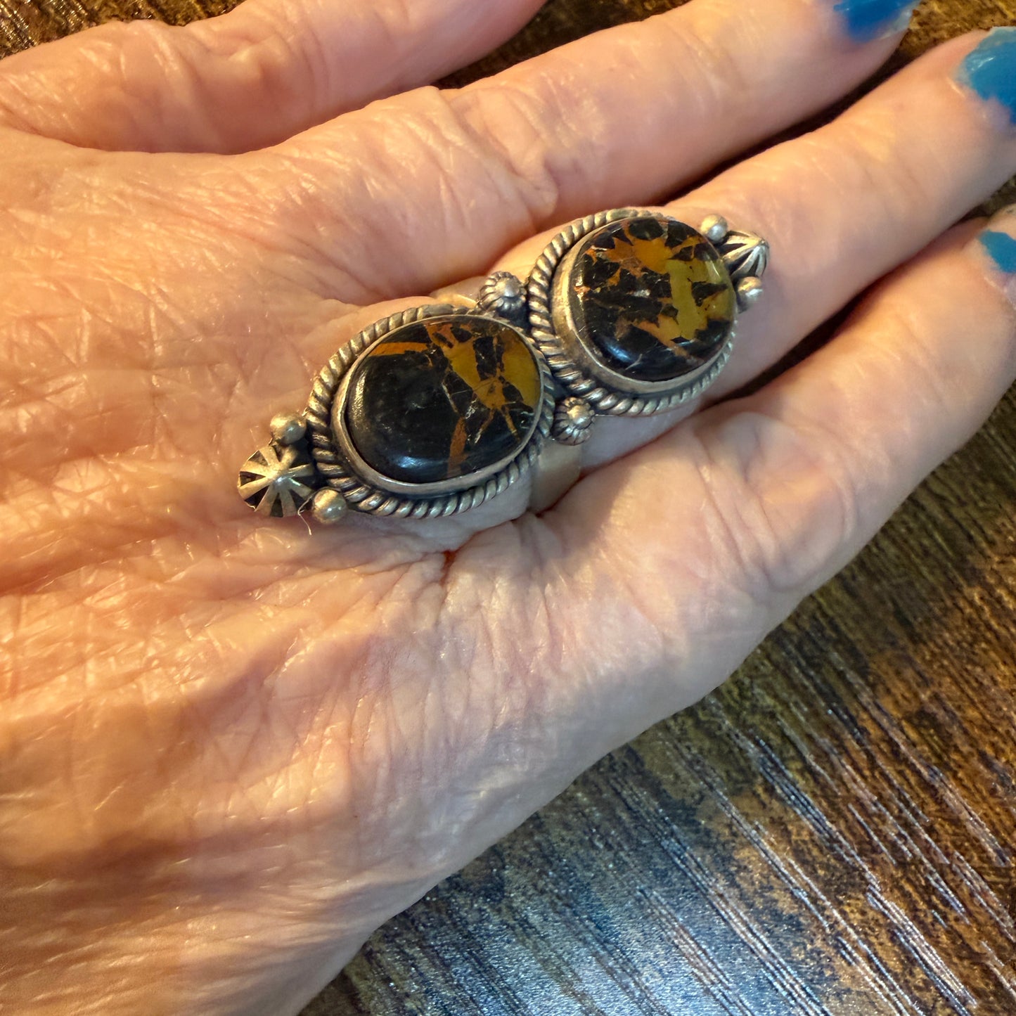Blackjack Turquoise Gemstone Double Stone Statement Ring Adjustable in Sterling Silver Wild West Boho