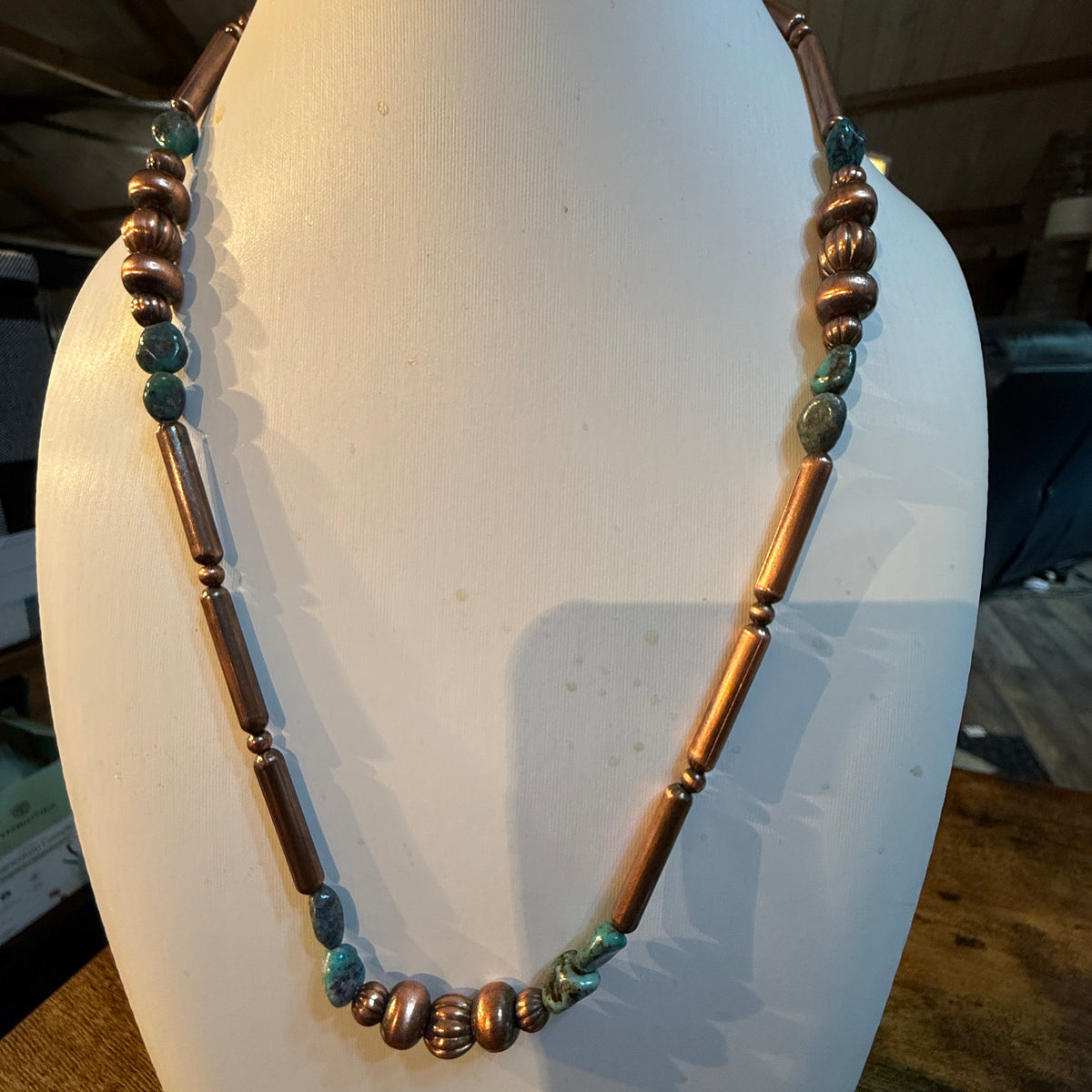 Lavender Web Turquoise 22 Inch Beaded Necklace in Genuine Copper Wild West Boho