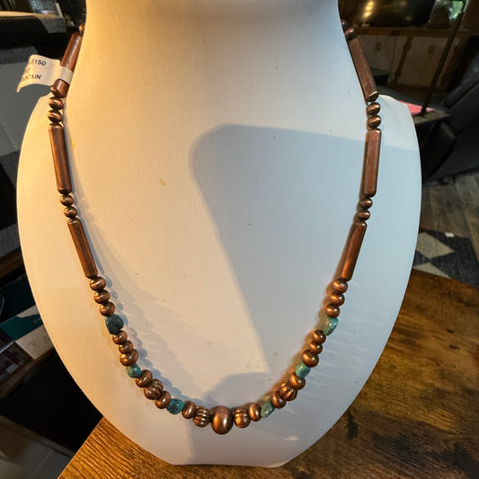 Hubei Mountain Turquoise Chip 20 Inch Desert Pearl Bead Necklace in Genuine Copper Wild West Boho