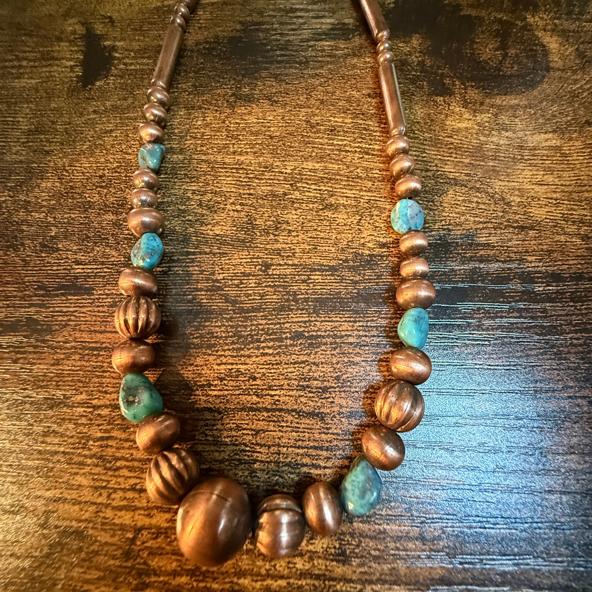 Hubei Mountain Turquoise Chip 20 Inch Desert Pearl Bead Necklace in Genuine Copper Wild West Boho