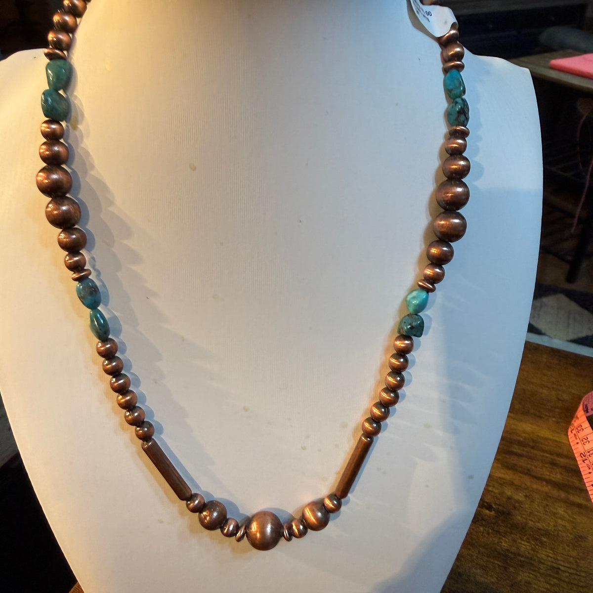 Clound Mountain Turquoise 20 Inch Desert Pearl Bead Necklace in Genuine Copper Wild West Boho