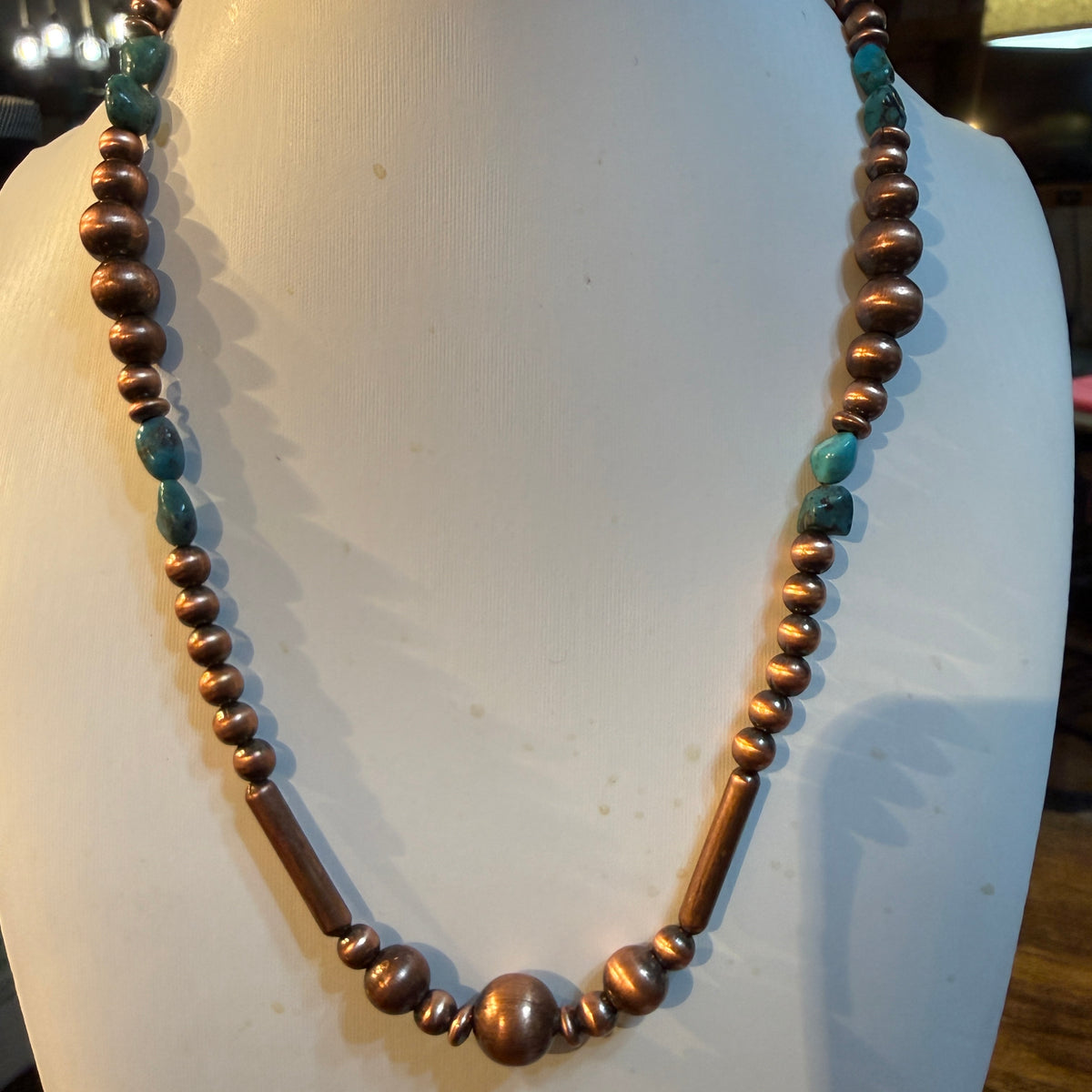 Clound Mountain Turquoise 20 Inch Desert Pearl Bead Necklace in Genuine Copper Wild West Boho