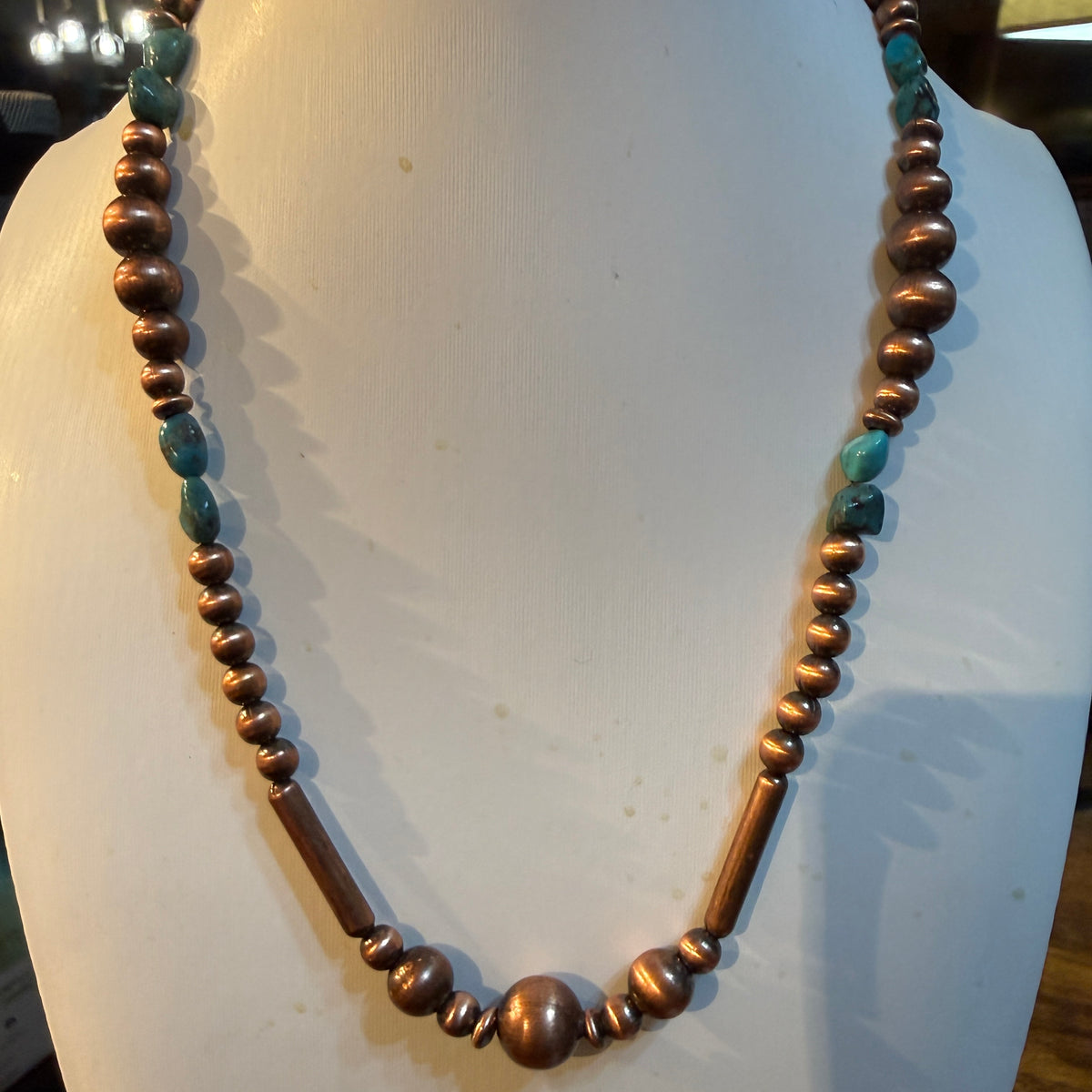 Clound Mountain Turquoise 20 Inch Desert Pearl Bead Necklace in Genuine Copper Wild West Boho