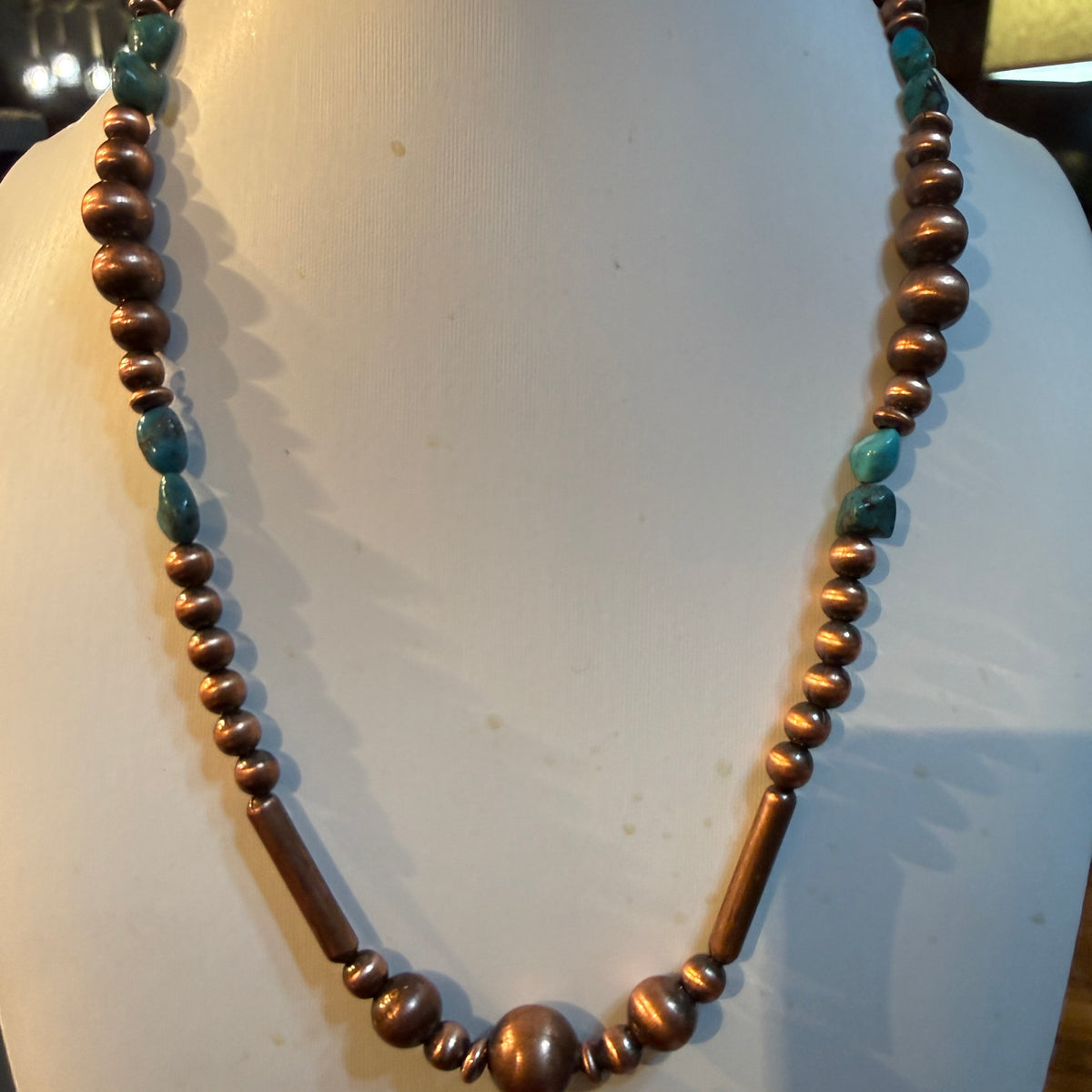 Clound Mountain Turquoise 20 Inch Desert Pearl Bead Necklace in Genuine Copper Wild West Boho