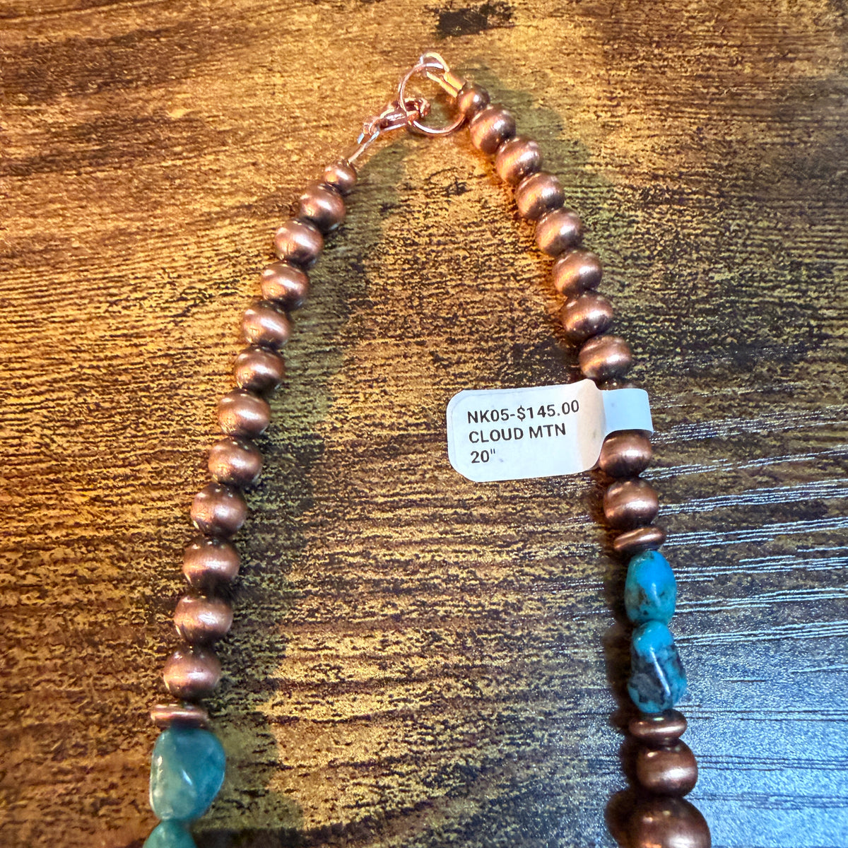 Clound Mountain Turquoise 20 Inch Desert Pearl Bead Necklace in Genuine Copper Wild West Boho