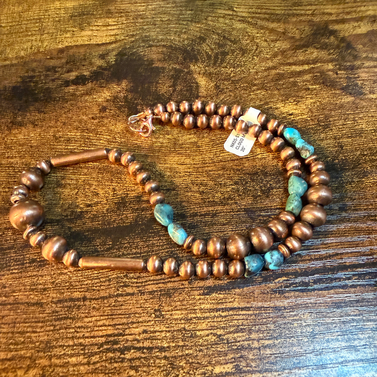 Clound Mountain Turquoise 20 Inch Desert Pearl Bead Necklace in Genuine Copper Wild West Boho