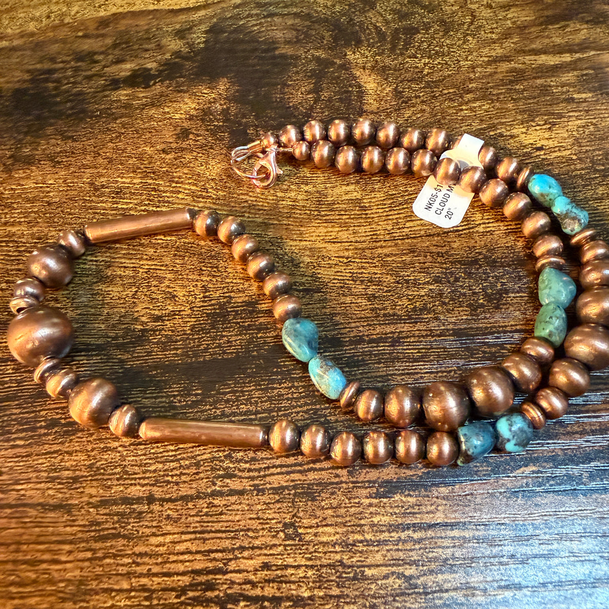 Clound Mountain Turquoise 20 Inch Desert Pearl Bead Necklace in Genuine Copper Wild West Boho