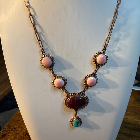 Pink Conch, Purple Spiny and Turquoise Paper Clip Chain Necklace in Genuine Copper, 22 Inch Wild West Boho