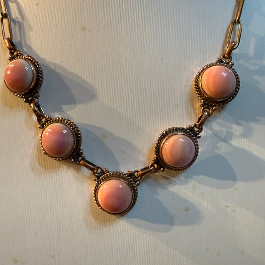 Queen Pink Conch Turquoise Paper Clip Chain Choker Necklace in Genuine Copper Wild West Boho