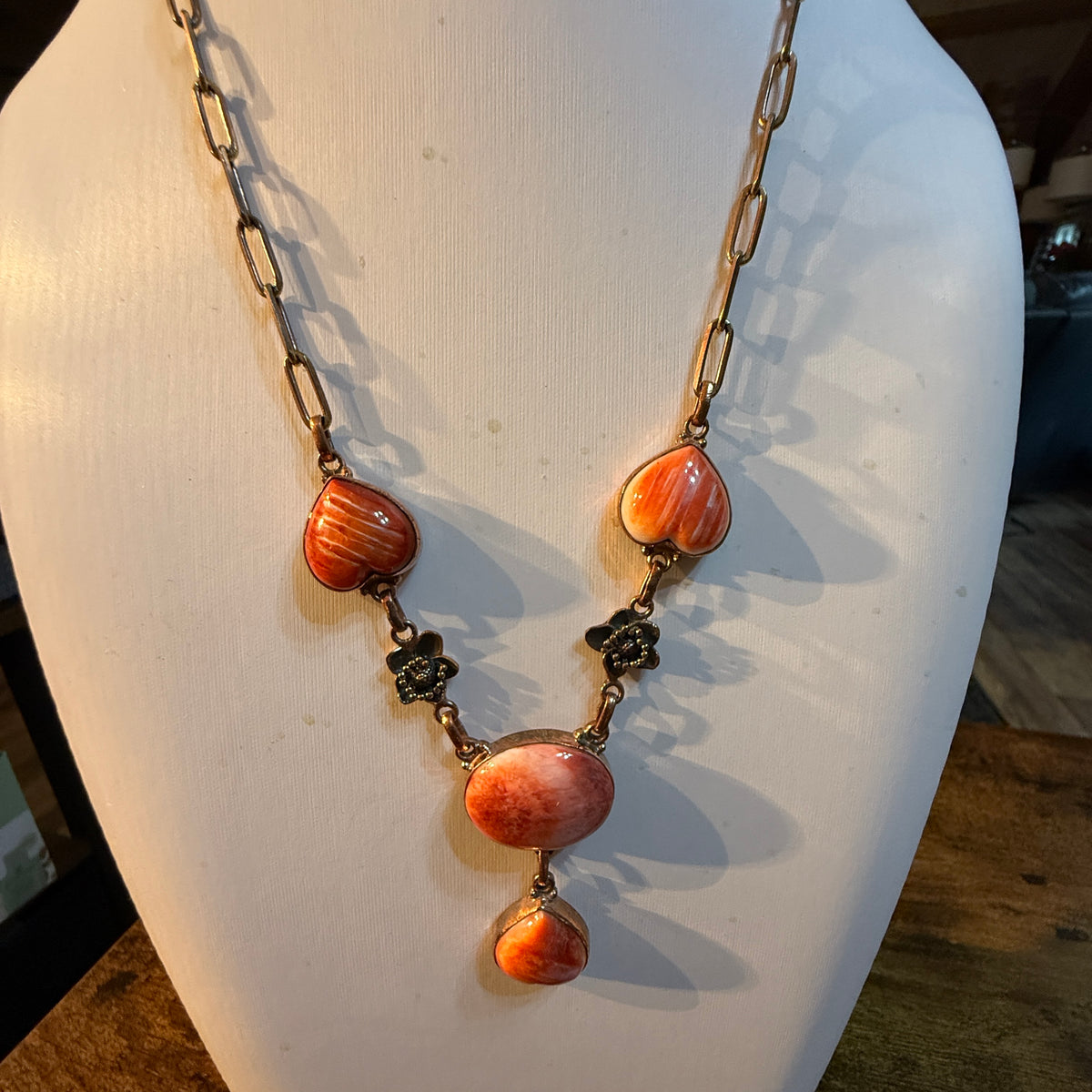 Orange Spiny Turquoise Paper Clip Chain Necklace in Genuine Copper Wild West Boho
