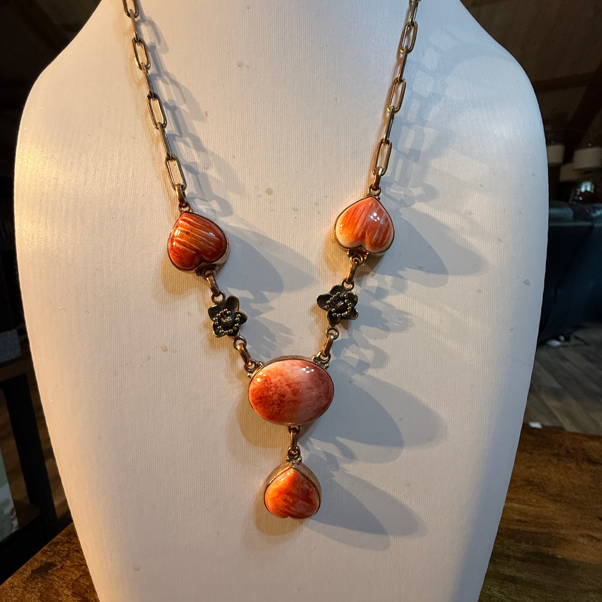 Orange Spiny Turquoise Paper Clip Chain Necklace in Genuine Copper Wild West Boho
