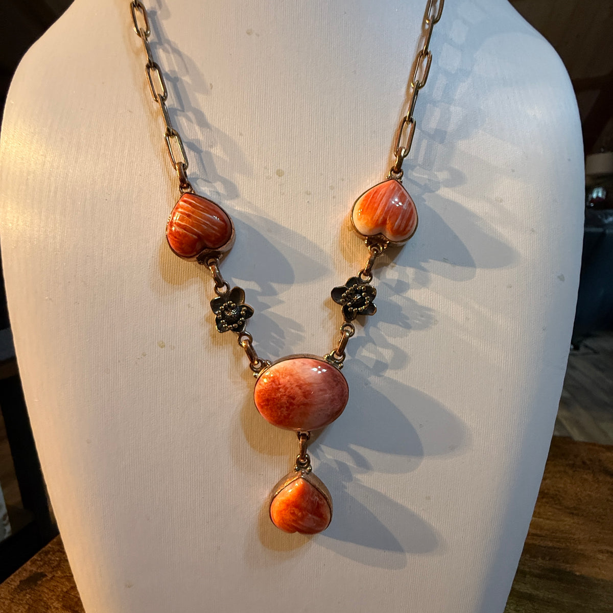 Orange Spiny Turquoise Paper Clip Chain Necklace in Genuine Copper Wild West Boho
