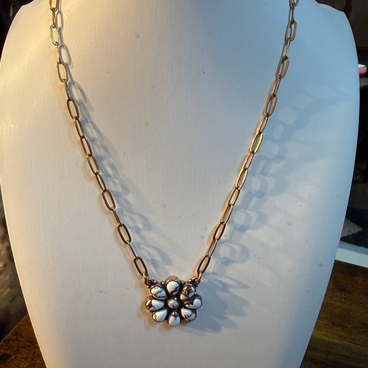 Wild Horse Turquoise Paper Clip Chain Floral Necklace in Genuine Copper Wild West Boho