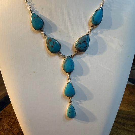 Meranci Turquoise Gemstone Lariat Necklace in Sterling Silver Wild West Boho