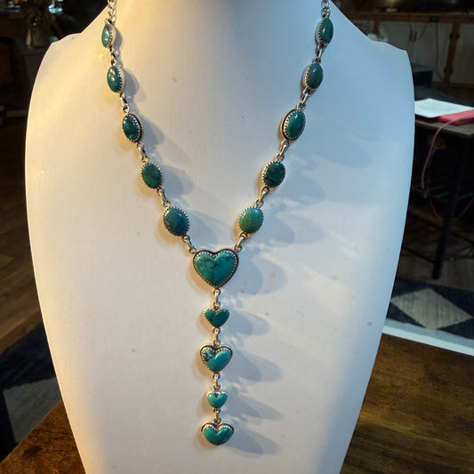 Meranci Turquoise Gemstone Heart Lariat Necklace in Sterling Silver 24 Inch Wild West Boho