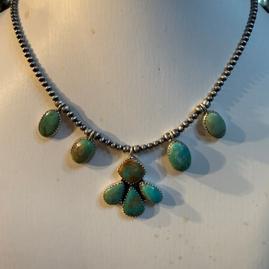 Hachita Turquoise Gemstone Desert Pearls 3mm Choker Necklace in Sterling Silver, 16 Inch Wild West Boho