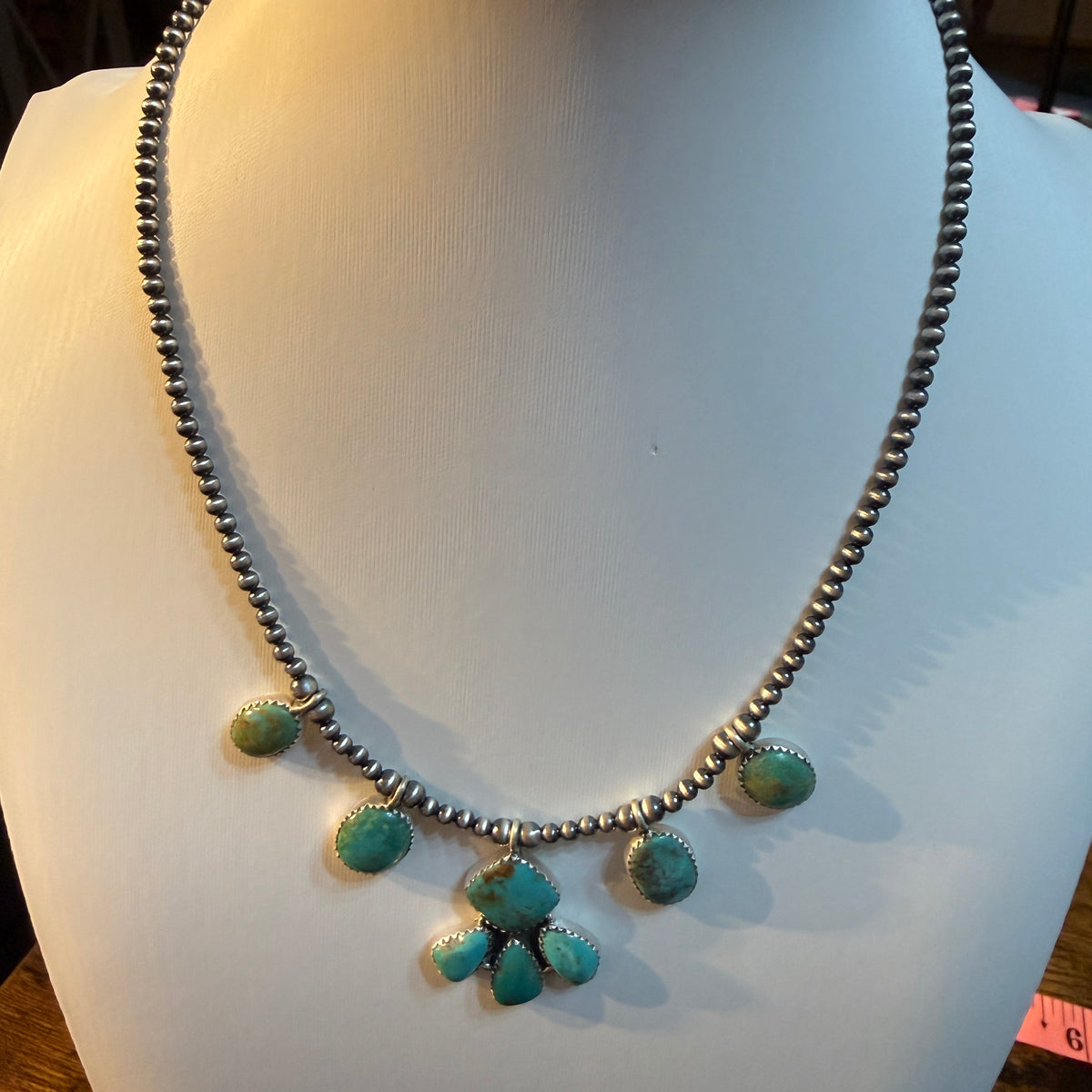 Hachita Turquoise Gemstone 3mm Desert Pearls Choker Necklace Sterling Silver Wild West Boho